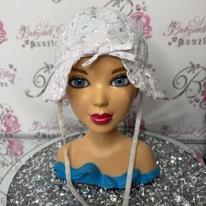 Bonnet baby hat white floral embroidered shiny metallic cute bucket tie up
